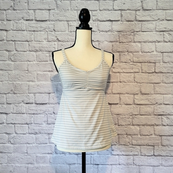 Prana light gray white striped strappy crisscross back detail tank top size S - Picture 2 of 9
